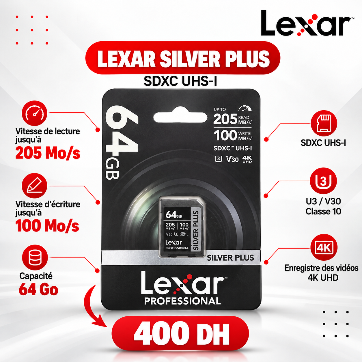 Lexar Silver Plus 64GB SDXC vue 2 - Saymon Shop