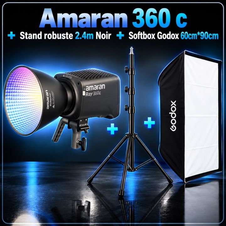 Amaran 360C RGB  + Stand robuste 2,4 m + Softbox Godox 60 × 90 cm