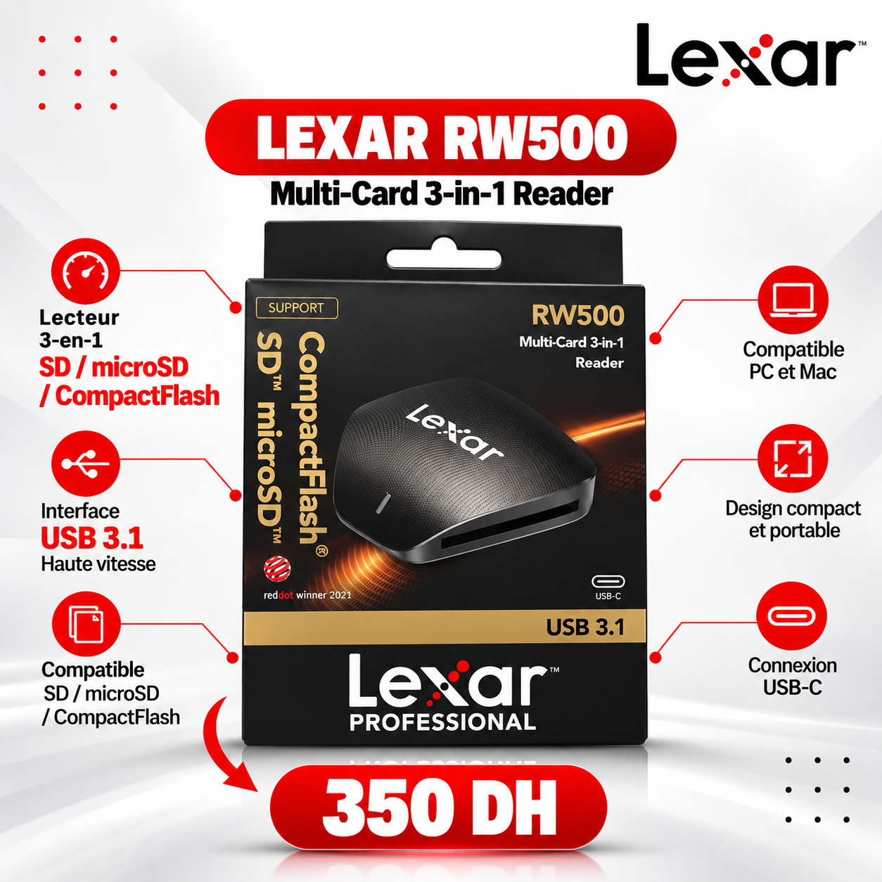 Lexar RW500 Multi-Card 3-in-1 Reader - Saymon Shop