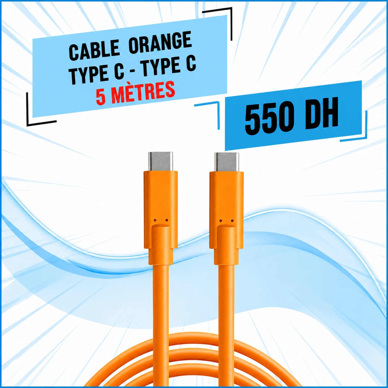 Câble Orange Type-C vers Type-C 5 mètres - Saymon Shop