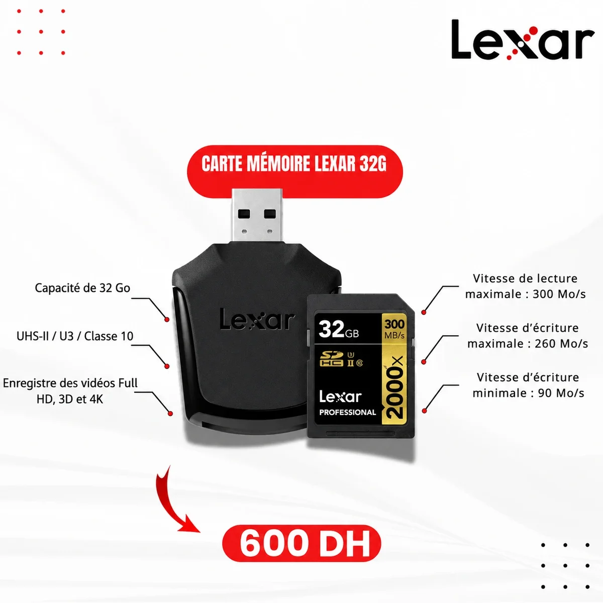 Carte mémoire Lexar 32G, 300 mb/s - Saymon Shop