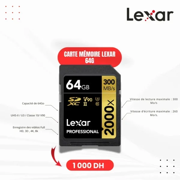 Carte mémoire Lexar 64G, 300 mb/s, U3, 8K, V90 - Saymon Shop