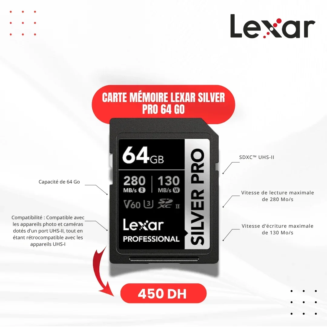 Carte mémoire Lexar Silver Pro 64 Go U3 V60 SDXC UHS-II - Saymon Shop