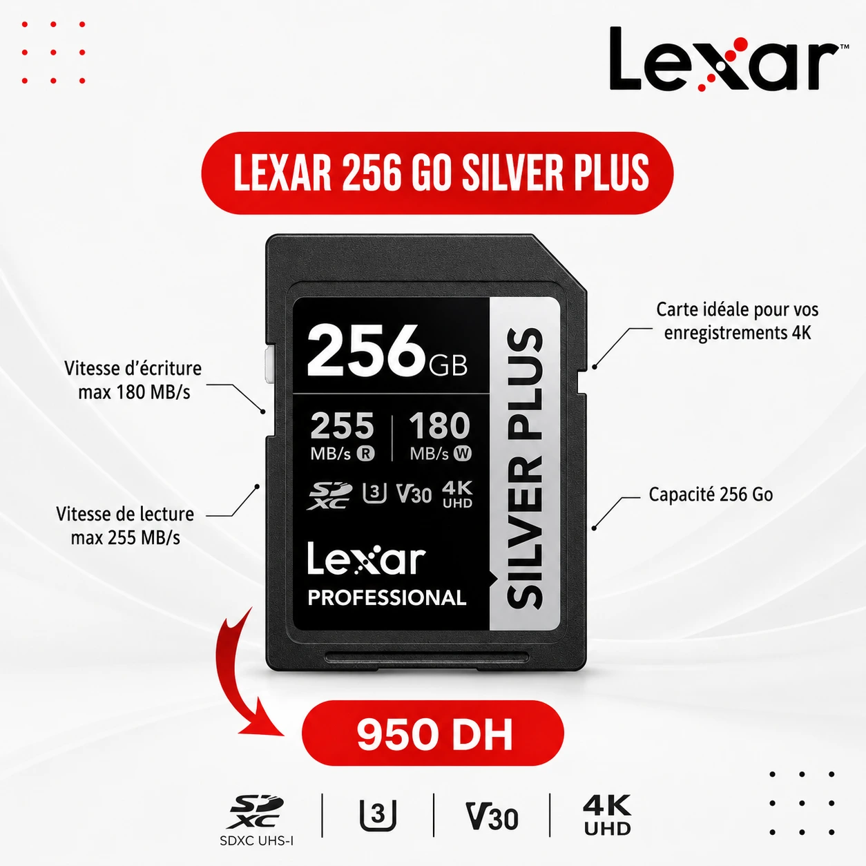 Carte mémoire Lexar Silver Plus 256GB 255MB/s 4K - Saymon Shop