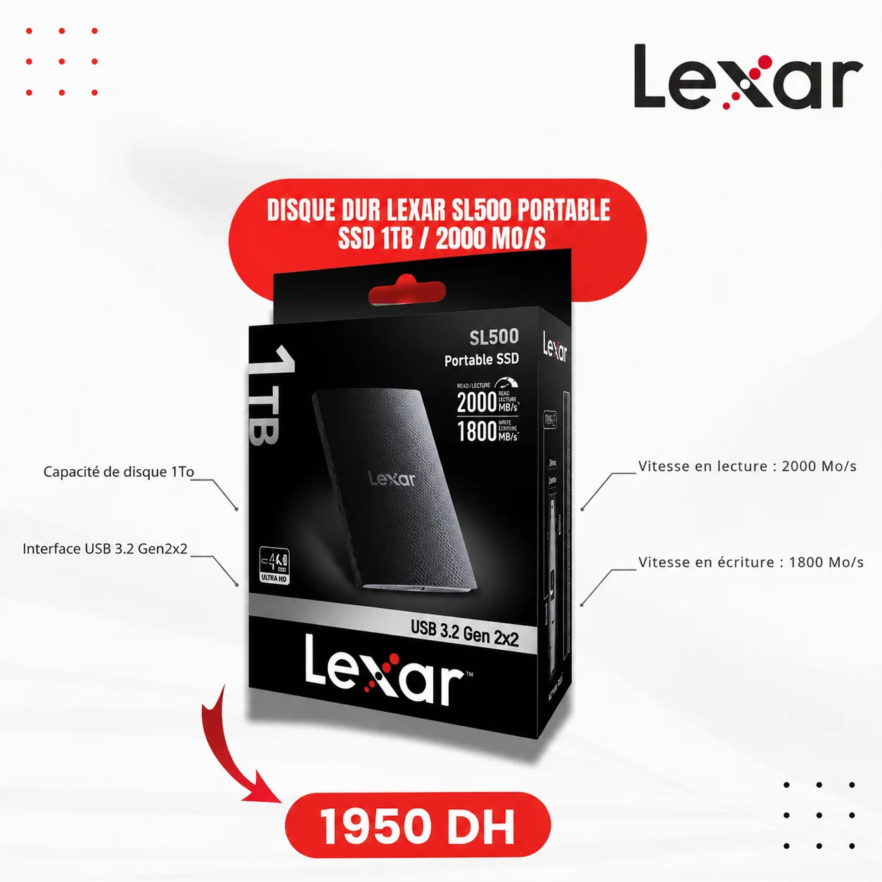 Disque dur Lexar SL500 Portable SSD 1TB / 2000 Mo/s - Saymon Shop