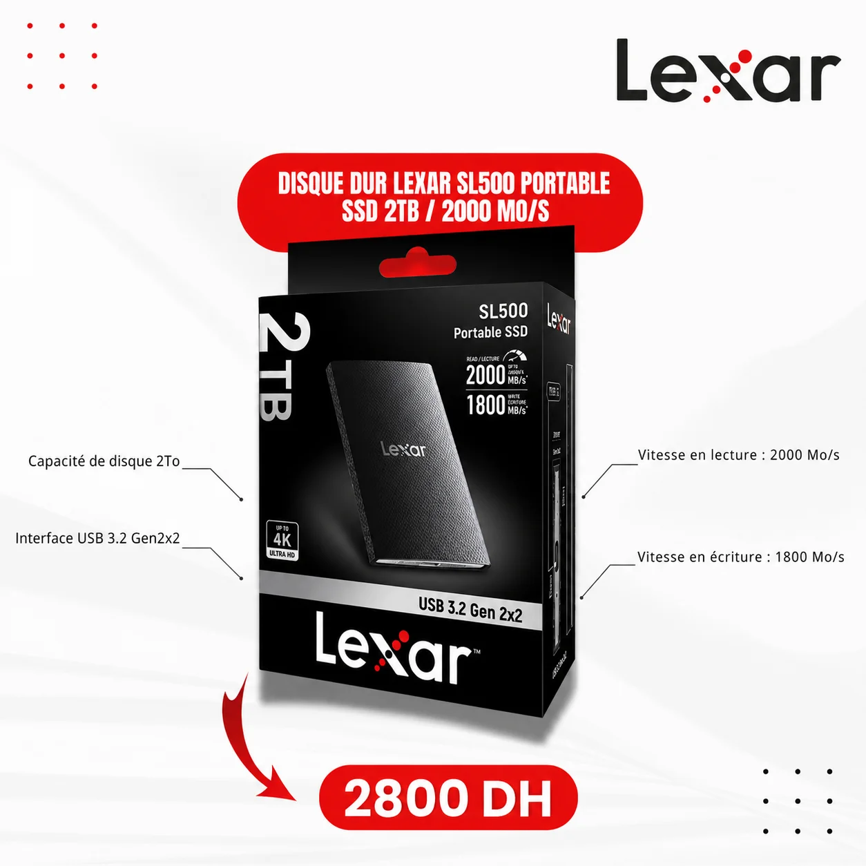 Disque dur Lexar SL500 Portable SSD 2TB / 2000 Mo/s - Saymon Shop