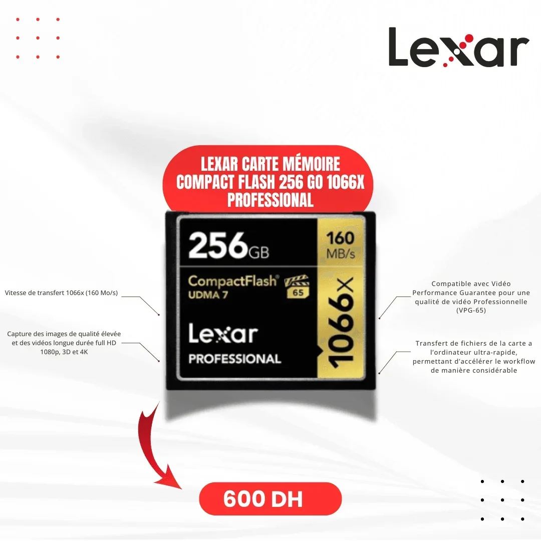 Lexar carte mémoire Compact Flash 256 Go 1066x Professional - Saymon Shop