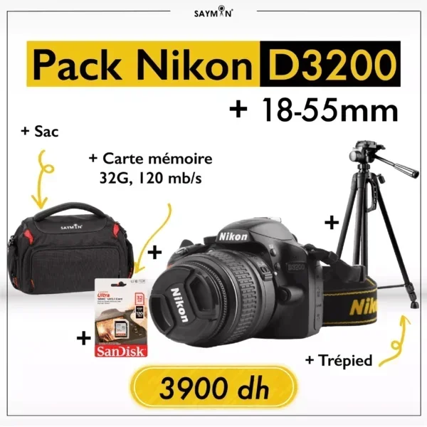 Pack Nikon D3200 + 18-55mm + Sac + Trépied + Carte mémoire 32G - Saymon Shop